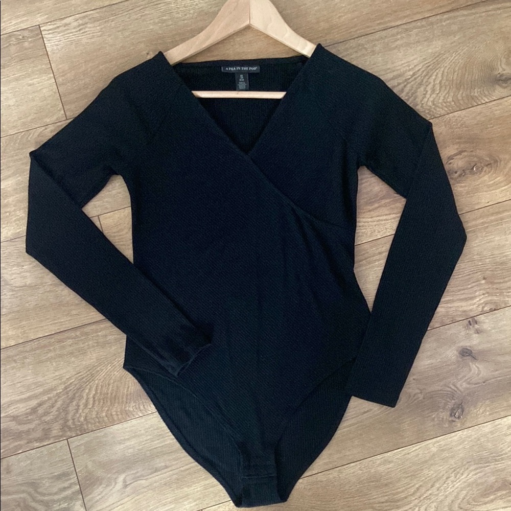 Maternity Black Long Sleeve Bodysuit with Wrap Style